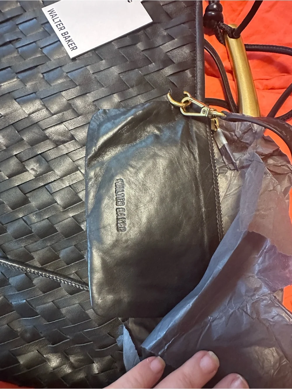 Walter Baker Black Woven Leather Messenger Bag with Gold Accent